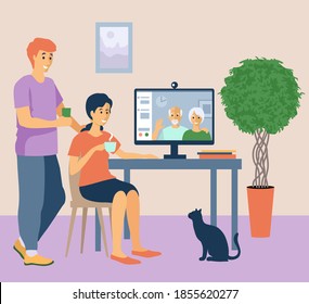 Online communication with elderly relatives. Computer with a video call to elderly parents from home. A young couple chatting with elderly relatives vector flat. Family web communication