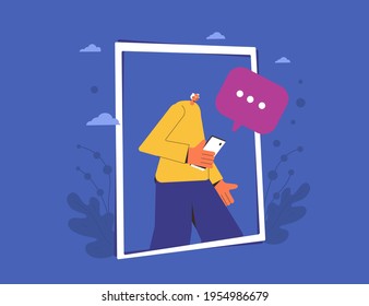 Online communication. Eldery man portrait with frame. Male person got a message on his phone. Vector illustration.