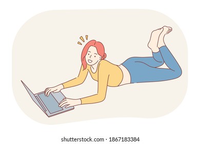 Online communication, e-learning, laptop concept. Young smiling woman cartoon character lying on floor with laptop, communicating online with friends, studying or watching distant courses 