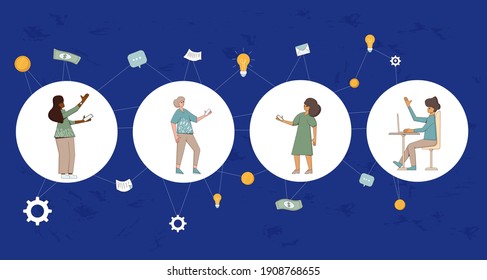 Concepto de comunicación en línea y flujos financieros. Transferencia de dinero, pago e intercambio con teléfono y portátil. La gente trabaja a distancia. Ilustración vectorial plana de arte de línea. 