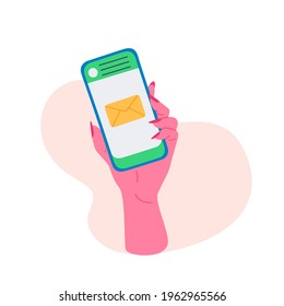 Online communication flat illustration. Woman's hand holding smartphone with messages, letters and calls banner design. Social application, contact us background.