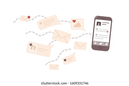 Online communication flat vector illustration. Correspondence, social network activity. E mail, message, notification, popularity on internet. Smartphone and letters isolated on white background.