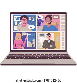 Online Communication With Friends And Colleagues. Remote Video Conferencing. Screenshot Of A Laptop Screen. Vector Flat Illustration.