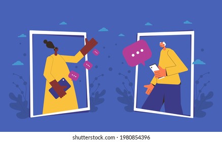 Comunicación en línea. Amigos enviándose un mensaje entre ellos. Dos compañeros de trabajo hablando por internet durante el bloqueo. Ilustración vectorial.