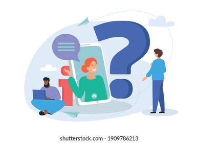 Online communication, getting help information, asking and answering questions concept. Flat cartoon vector illustration with diverse multiethnic characters
