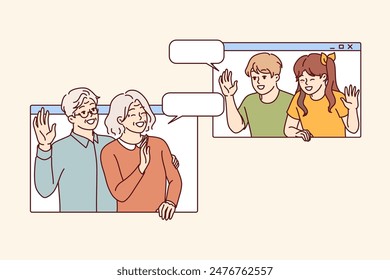 Online communication with grandchildren for grandparents waving and saying hi using digital video call. Smiling grandchildren and grandpa with grandma users of software for remote meetings