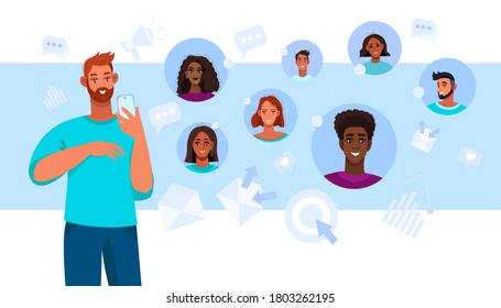 Online communication and group chat vector illustration with young man holding smartphone. Virtual meeting or internet teamwork concept with multinational people avatars. Group chat flat banner 