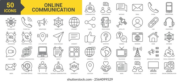 Online Communication icon collection set. Containing conversation, message, email, smartphone, technology, discussion, video call, inbox, phone call, connection, internet icon. Simple line vector