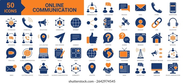 Online Communication icon collection set. Containing social media, conversation, message, email, smartphone, technology, video call, inbox, phone call, internet, connection icon. Simple flat vector