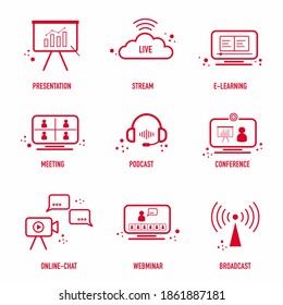 Online communication icon set. Video conference, online chat, email, live webminar, instant messaging, online presentation, e-learning