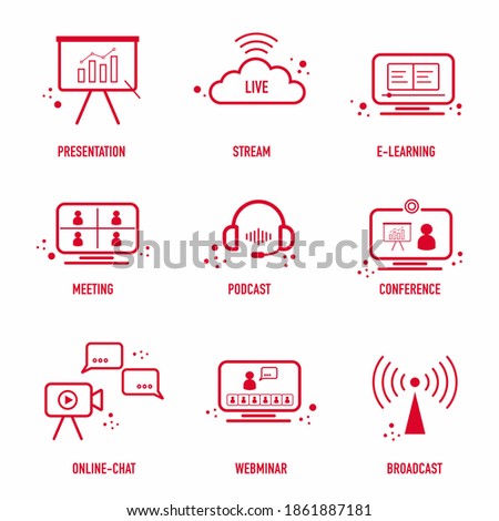 Online communication icon set. Video conference, online chat, email, live webminar, instant messaging, online presentation, e-learning