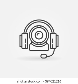 Online communication icon - vector video conference linear symbol or logo element. Thin line headphones with web cam sign