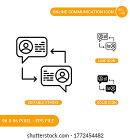 Online-Kommunikationssymbole setzen Vektorgrafik mit fester Symbollinie Stil. Virtuelles Chat-Konzept. Bearbeitbares Strichsymbol auf isoliertem Hintergrund für Web-Design, Infografik und UI Mobile App.
