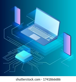 Online communication. Online information technology concept illustration.Line communication isometric for concept design.Business concept of a global social network.Isometric vector illustration.