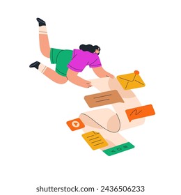Comunicación en línea, chat por Internet. Marketing digital creativo, correspondencia, concepto de contenido. Enviar mensajes, información, carta en messenger. Ilustración vectorial plana aislada sobre fondo blanco