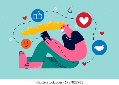 Online communication, internet media concept. Young happy smiling girl sitting on floor and watching social media live stream in smartphone vector illustration 