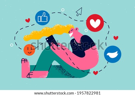 Online communication, internet media concept. Young happy smiling girl sitting on floor and watching social media live stream in smartphone vector illustration 