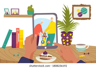 Online communication in internet technology, web video call family people vector illustration. Chat conference in computer, woman man connection at screen. Happy grandmother, grandfather with child.