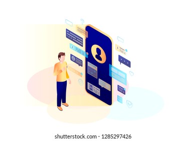 Online communication isometric color vector illustration. Virtual UI. Person using smartphone. Social media infographic.