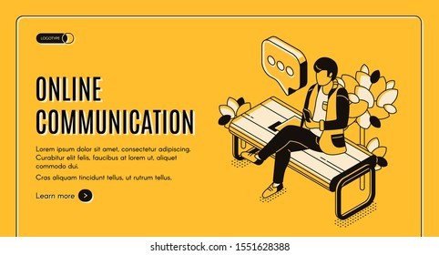 Online communication isometric landing page, man sitting on bench in park chatting in social media networks messenger, reading news on mobile phone. Networking 3d vector web banner template, line art