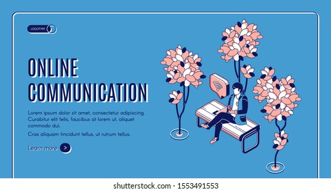 Online communication isometric landing page, man sitting on bench in park chatting in social media networks messenger, reading news on mobile phone. Networking 3d vector web banner template, line art