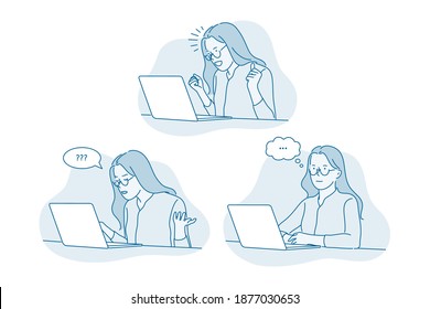 Online communication, laptop, business ideas concept. Young smiling business woman office worker sitting with laptop and thinking about new startup having good ideas. Success, technology, distant work