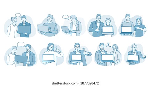 Online communication, laptop, business team concept. Young smiling business people office workers standing with laptops and showing thumb up sign with fingers. Success, technology, distant work