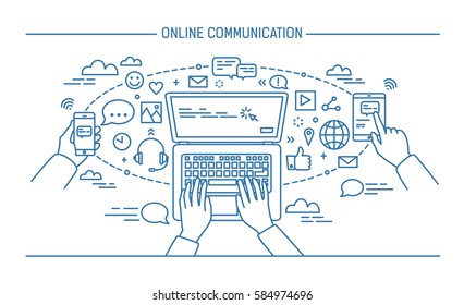 online communication lineart banner. gadgets, information technology, communications, messaging, chat, media. Contour flat style vector illustration.