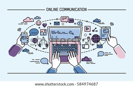 online communication lineart banner. gadgets, information technology, communications, messaging, chat, media. Colorful flat style vector illustration.