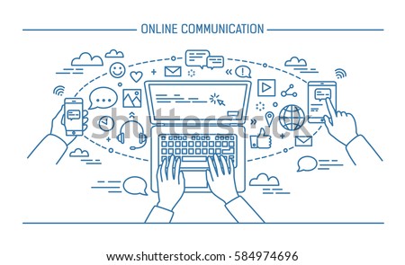 online communication lineart banner. gadgets, information technology, communications, messaging, chat, media. Contour flat style vector illustration.