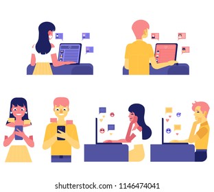 Online communication and love chating set with young man and woman flirting at internet isolated on white background. Conversation of two people on dating web site in flat vector illustration.