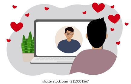 Online communication, love at a distance. A man communicates through a laptop with a man. Vector flat illustration