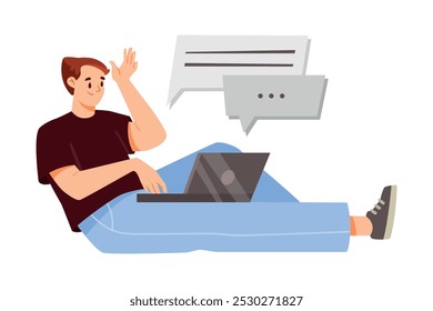 Online Communication with Man Character at Laptop Chatting Vector Illustration