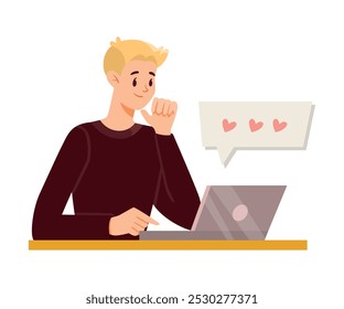 Online Communication with Man Character at Laptop Chatting Vector Illustration