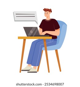 Online Communication with Man Character Sit at Laptop Chatting Vector Illustration