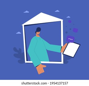 Online communication. Man portrait with frame. Male person got a message on his phone. Vector illustration.