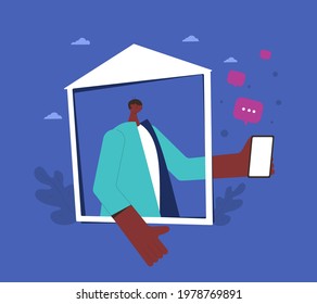 Online communication. Man portrait with frame. Male person got a message on his phone. Vector illustration.