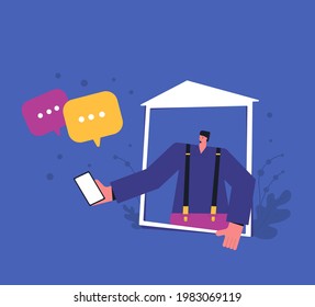 Online communication. Man portrait with frame. Male person got a message on his phone. Vector illustration.