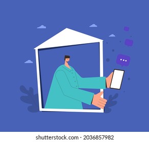 Online communication. Man portrait with frame. Male person got a message on his phone. Vector illustration.