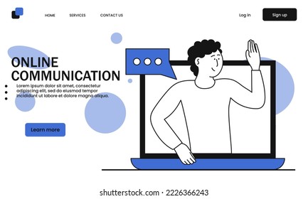 Online communication and man talking from laptop vector illustration concept. Internet technology and network business connection. Social chat and video call connect. Access course learning virtual 