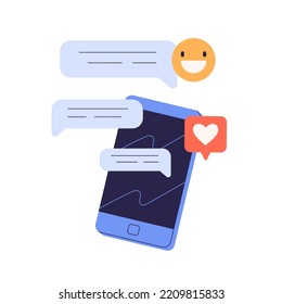 Online communication with mobile phone concept. Receiving messages, comments, likes, emojis in internet chat, social media, smartphone messenger. Flat vector illustration isolated on white background