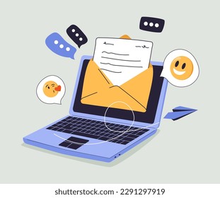 Online communication with modern flat vector illustration of a workspace. The computer prominently displays an email inbox and various social media icons, perfect for digital workflows and networking