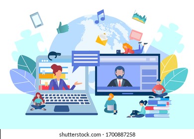 Online communication, negotiations via Internet connection, study and work from home office, online with the whole world vector illustration concept.