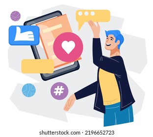 Online communication and networking concept with man Woman communicates via online chat using a mobile app, flat cartoon vector illustration isolated on white background.