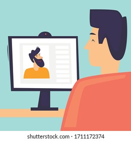 Online communication, communication on the Internet, remote work, self-isolation. Flat design vector illustration.