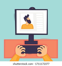 Online communication, communication on the Internet, remote work, self-isolation. Flat design vector illustration.