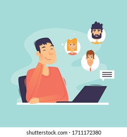 Online communication, communication on the Internet, remote work, self-isolation. Flat design vector illustration.