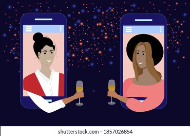 comunicación en línea en un smartphone móvil con chicas en la pantalla con champán contra el fondo de los fuegos artificiales para celebrar una festividad, año nuevo, día de la independencia o aniversario. Vector