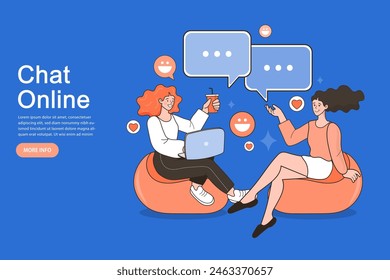 Online communication on social media. Young happy people chatting through the social networks with friends. Best Friends concept. speech bubbles. People character vector illustration flat design.