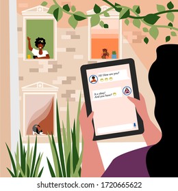  comunicación en línea. comunicación de personas a través de la computadora. cuarentena. gente en la ventana. vectorial